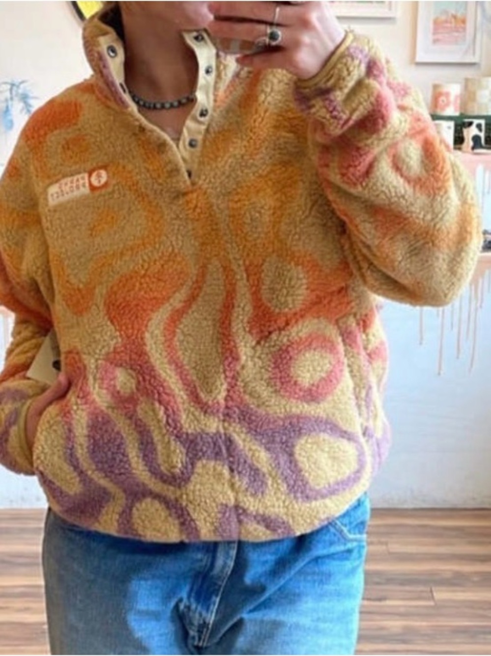 Parks Project Yellow Sherpa Pullover with Pink Orange and Purple Swirls